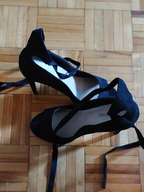 Call It Spring Black Suede Tie-Up Mid Heels
